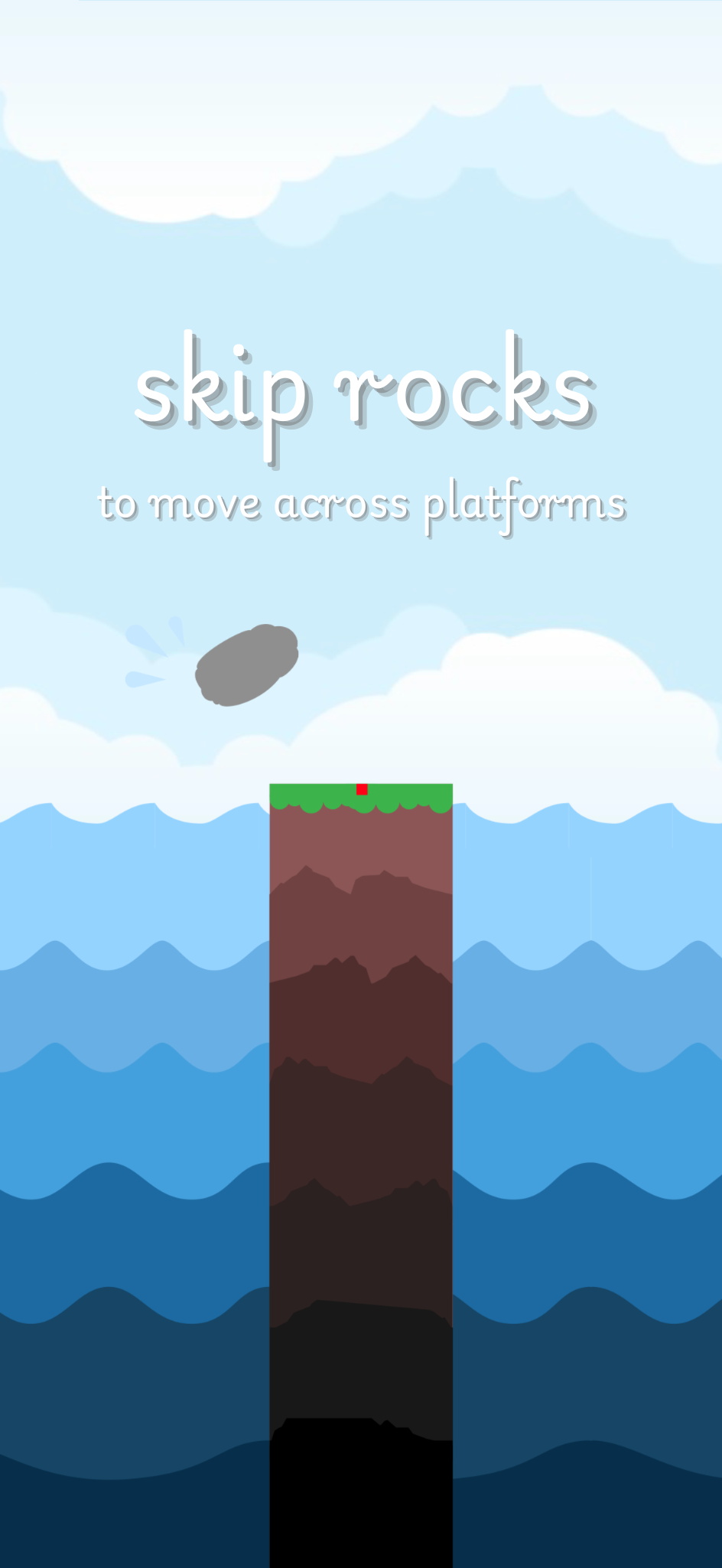 A rock being skipped onto a platform in the middle of the ocean witkh the text skip rocks to move across platforms.